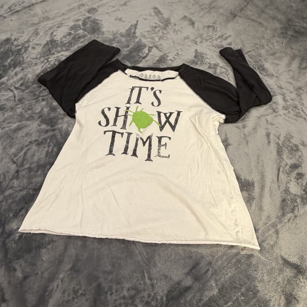 Beetlejuice It's Show Time T-Shirt White Crew Neck Women's Sz S Retro Distressed